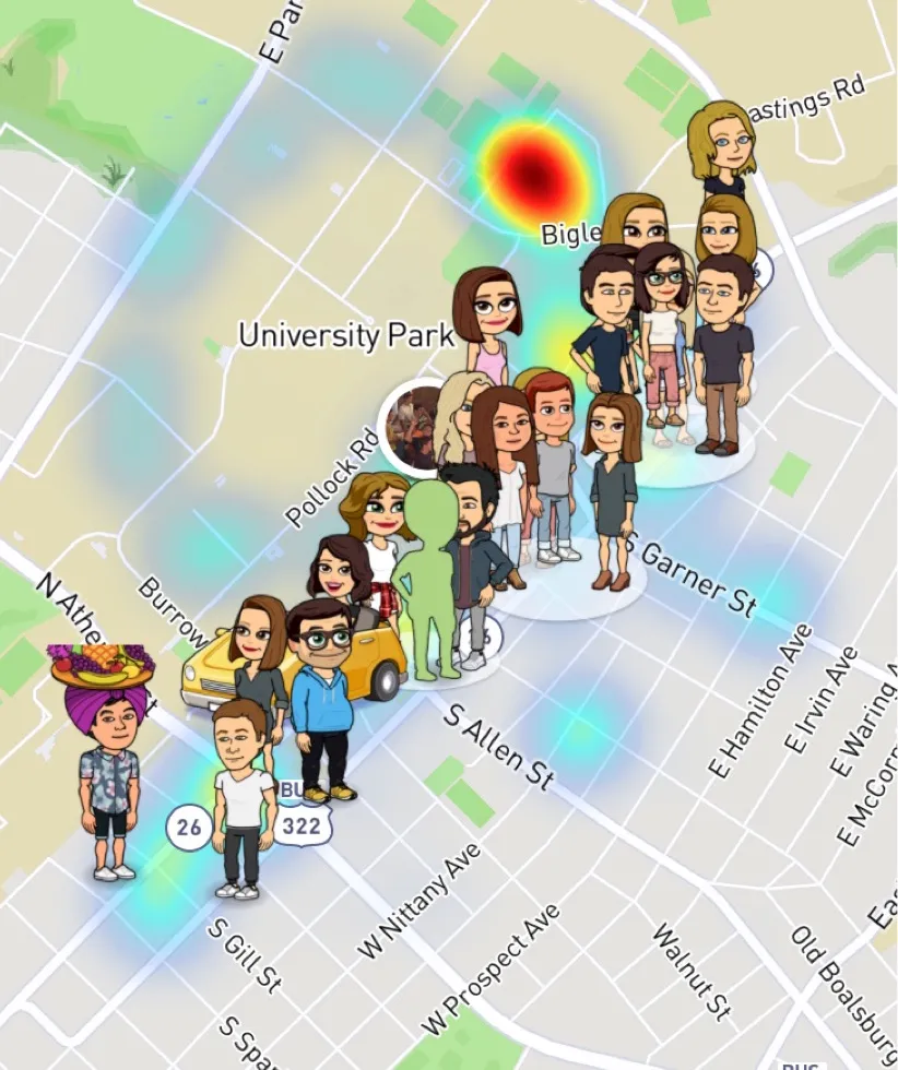 Snapchat Snap Map showing Bitmoji avatars and heat map, illustrating teen location sharing and peer surveillance in social media.